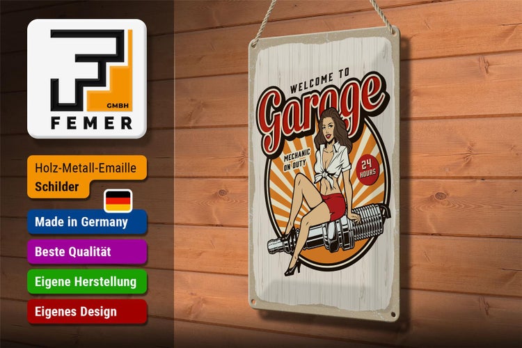 Blechschild Spruch Pinup Welcome to Garage Mechanic on 20x30cm