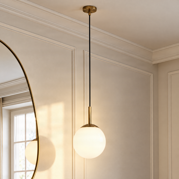 Moderne Pendelleuchte mit einer Glaskugel und metallischen Elementen in einem elegant eingerichteten Raum mit Wandverkleidung.