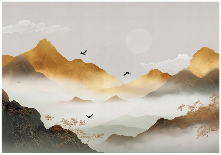 Gemälde mit Berglandschaft, Nebel und Vögeln