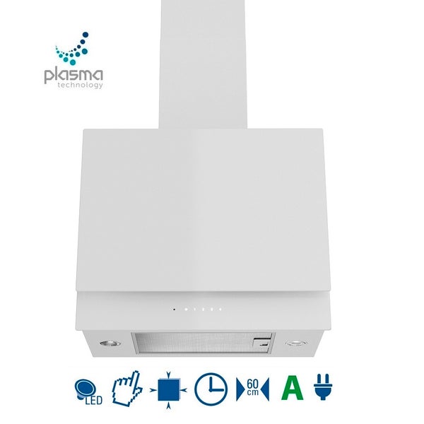 Weiße Dunstabzugshaube mit LED-Beleuchtung, Touch-Bedienung, Timerfunktion, 60 cm Breite und Energieeffizienzklasse A.