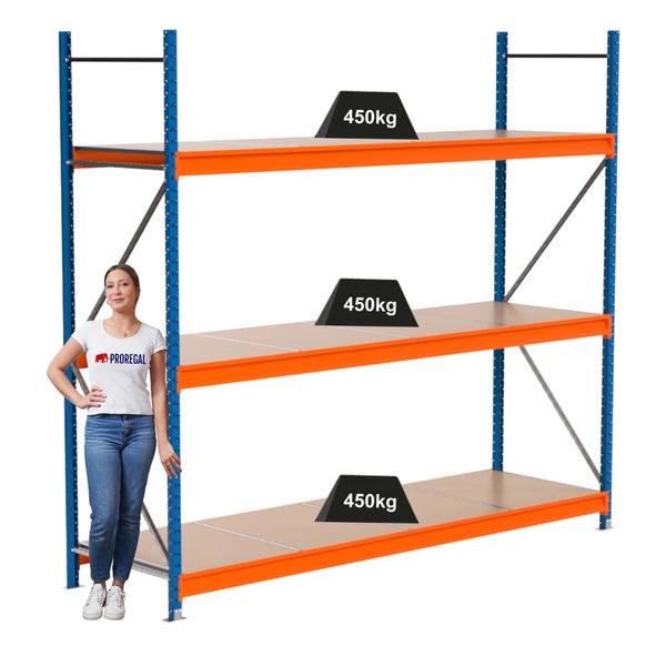 Lagerregal mit drei Ebenen und einer maximalen Traglast von 450 Kilogramm pro Ebene