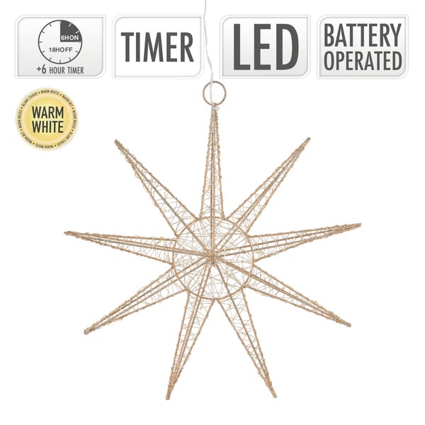 ECD Germany LED Deko Weihnachtsstern mit 30 warmweißen LEDs, 30cm, Gold, batteriebetrieben, Metall, Weihnachten Schneeflocke zum Aufhängen mit Beleuchtung & Timer, Innen, Weihnachtsdeko Fensterdeko
