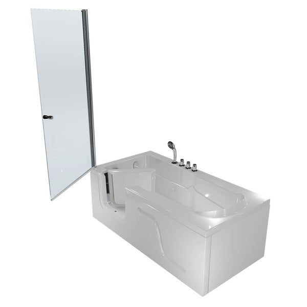 Sitzbadewanne mit Einstiegstür, integriertem Sitz, Armaturen und einem Glas-Duschaufsatz.