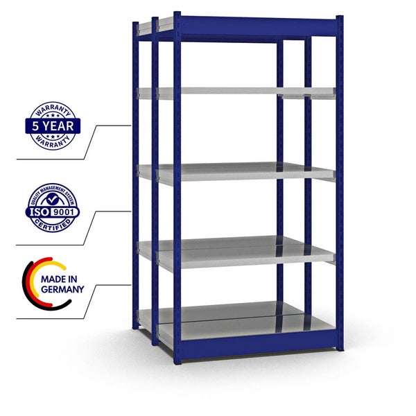 PROREGAL Fachbodenregal Stecksystem Vierkant-Profil Grundregal HxBxT 200 x 102,5 x 40 cm 2x5 Ebenen Doppelseitige Bauart Fachlast 200 kg Enzianblau