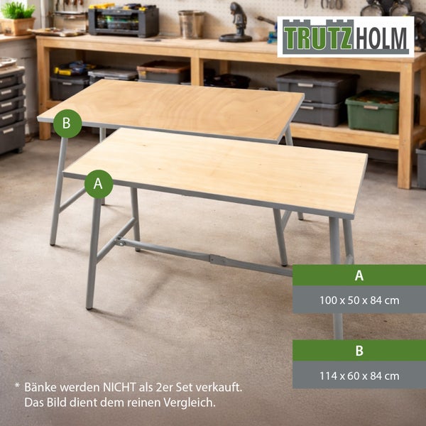 Trutzholm Logo. Werkbänke Größenvergleich, kein Set, Holzplatte, Metallgestell, 100 mal 50 mal 84 Zentimeter und 114 mal 60 mal 84 Zentimeter.
