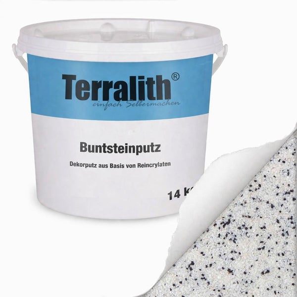 Terralith Buntsteinputz im 14 Kilogramm Eimer mit einer Detailansicht der weiß-grau-schwarz gesprenkelten Struktur.