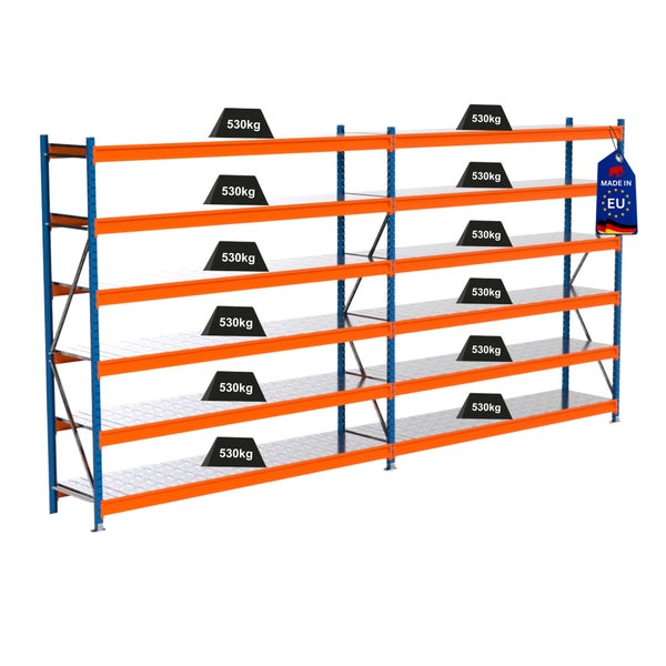Metallregal mit fünf Ebenen und einer Traglast von 530 Kilogramm pro Ebene