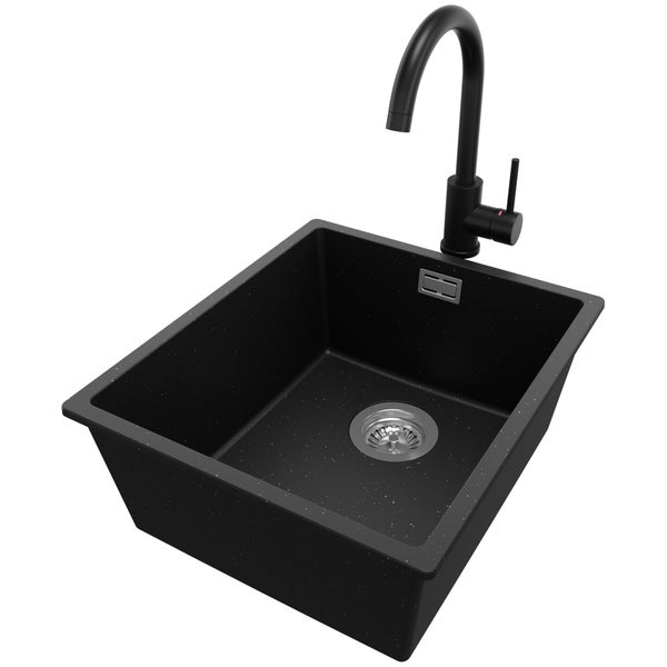 PRIMAGRAN Unterbauspüle Granit Schwarz Metallic 41x47cm, Spülbecken 1 Becken + Küchenarmatur 32x20cm + Ablauf-Set, Granitspüle ab 45er Unterschrank - London