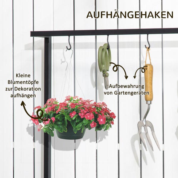 Detailansicht eines Pflanzenregals mit stabilem Rahmen und Ablageflächen aus Massivholz