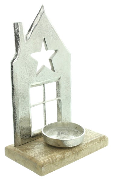 FRANK FLECHTWAREN | Kerzenhalter Haus, 18 x 10 x 27 cm, METALL, MANGOHOLZ