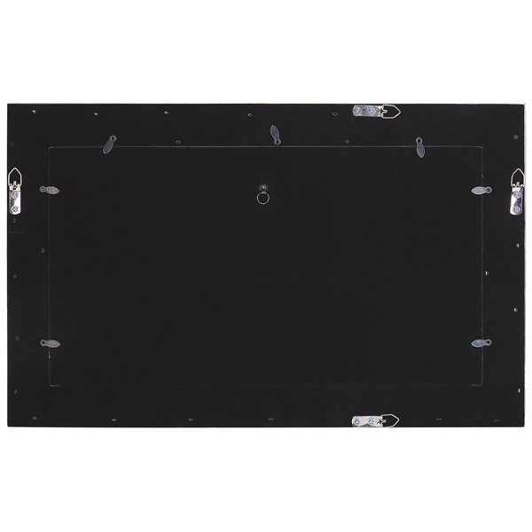 Rückseite eines rechteckigen Bilderrahmens mit Wandaufhängungen und Drehfedern zur Befestigung des Rückwandpanels.
