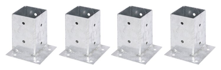 Vier feuerverzinkte Pfostenträger zum Aufschrauben für quadratische Holzbalken.