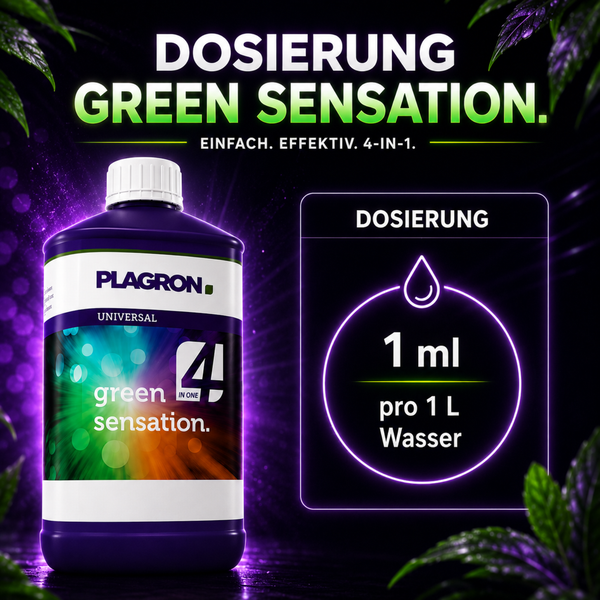 Plagron Green Sensation Pflanzendünger Flasche mit Dosierungshinweis ein Milliliter auf einen Liter Wasser