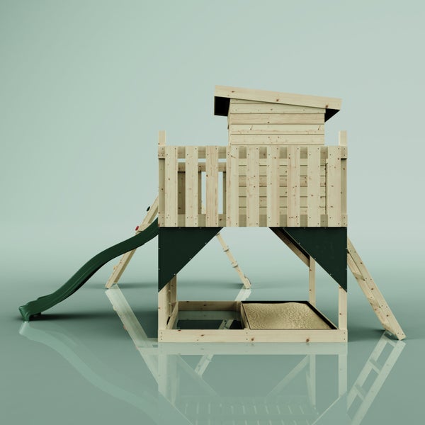 Spielturm aus Holz mit Spielhaus, grüner Rutsche, Kletterwand und Sandkasten für den Garten.