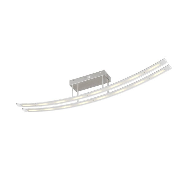 Moderne LED-Deckenleuchte mit zwei gebogenen Lichtleisten aus Metall in Nickel-Optik.