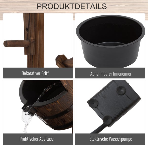 Outsunny Springbrunnen aus Holz Outdoor Gartenbrunnen mit plätscherndem Wasser Dekorationsbecken Ornamenten Pumpe Wasserspiel Terrassenbrunnen für Garten Terrasse Rasen 68 x 57 x 118 cm Braun