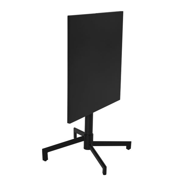 Bistrotisch mit klappbarer, quadratischer Tischplatte und vierfüßigem Metallgestell in Schwarz.
