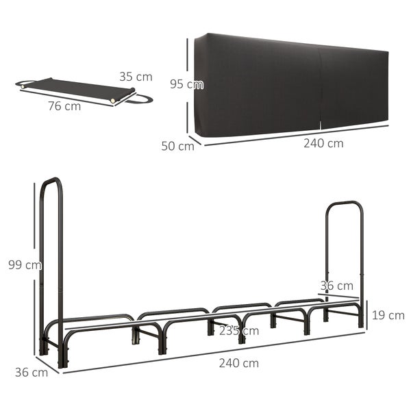 Outsunny Kaminholzregal, mit Tragetasche aus Segeltuch, 600D Oxford Wasserabweisende Abdeckung, für Garten, Terrasse, 240 x 36 x 99 cm, Metall, Schwarz
