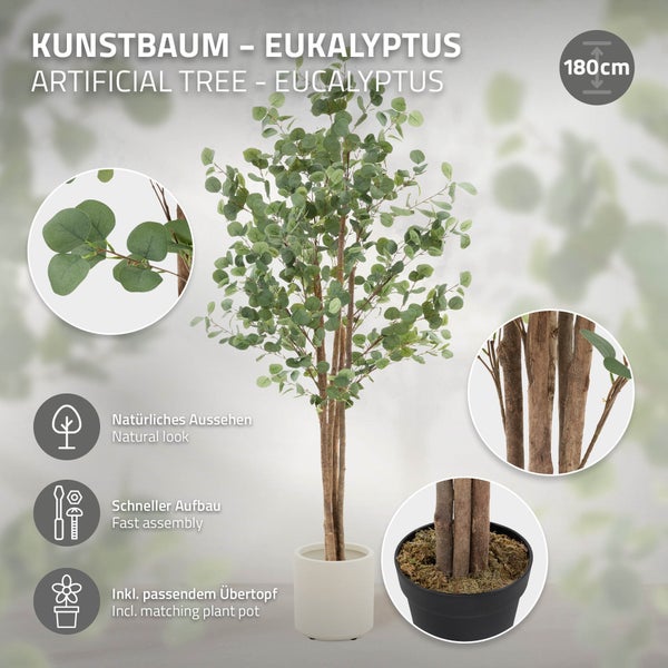 Künstlicher Eukalyptusbaum mit passendem Übertopf, circa 180 cm hoch