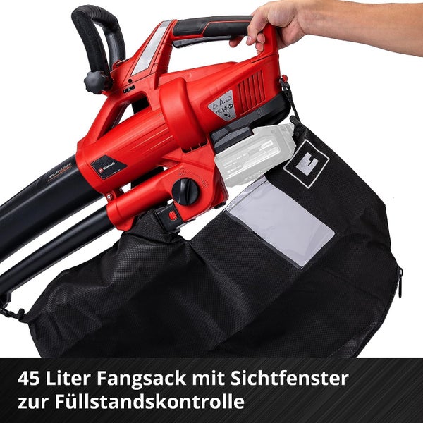 Einhell Akku Laubbläser mit 45 Liter Fangsack und Sichtfenster zur Füllstandskontrolle
