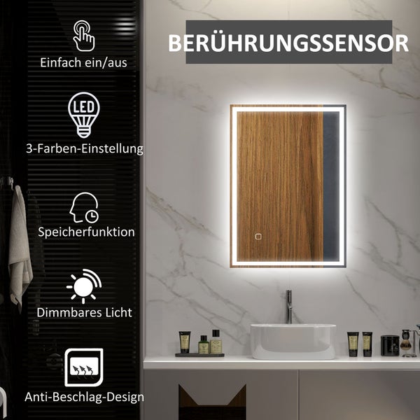 Beleuchteter Spiegel mit Berührungssensor, Dimmfunktion, Speicherfunktion und Anti-Beschlag-Design im Badezimmer