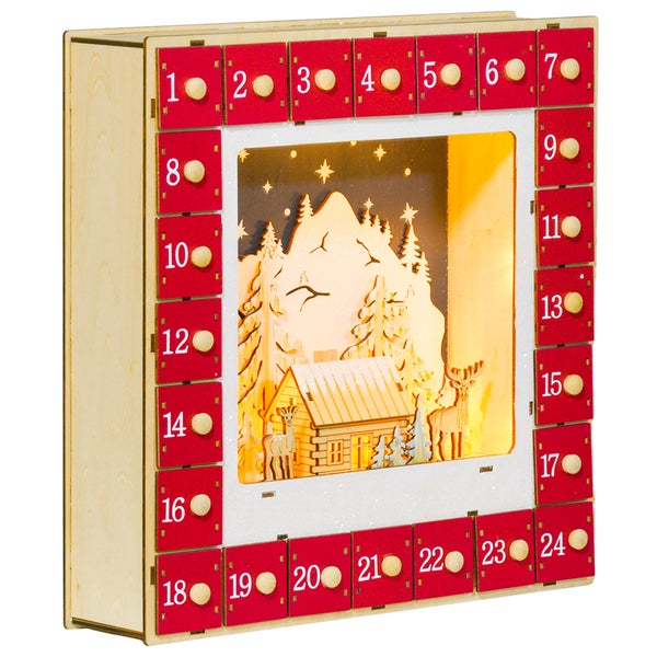 HOMCOM Adventskalender zum Befüllen 24 Schubladen Fächer Weihnachtskalender mit LED-Lichtern Adventskalenderbox Weihnachtsdekoration DIY MDF 34 x 7 x 34 cm Rot