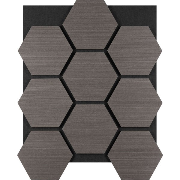 Hexagonale Wandpaneele in Dunkelgrau mit gebürsteter Oberflächenstruktur.
