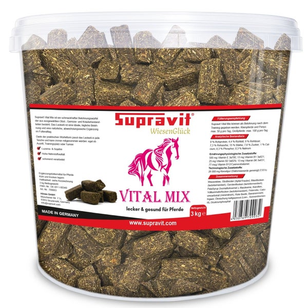 Eimer Supravit Vital Mix WiesenGlück Pferdeleckerlis, 3 Kilogramm Ergänzungsfuttermittel für Pferde in kompakter Würfelform.