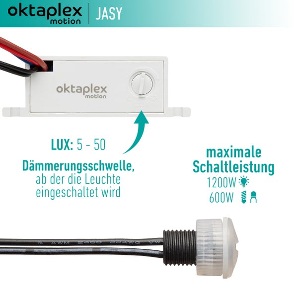 Montageanleitung oktaplex motion JASY. Option 1: Bohrung 11,3 Millimeter. Option 2: Bohrung 13,6 Millimeter. IP 20 und IP 65. oktaplex motion Logo.