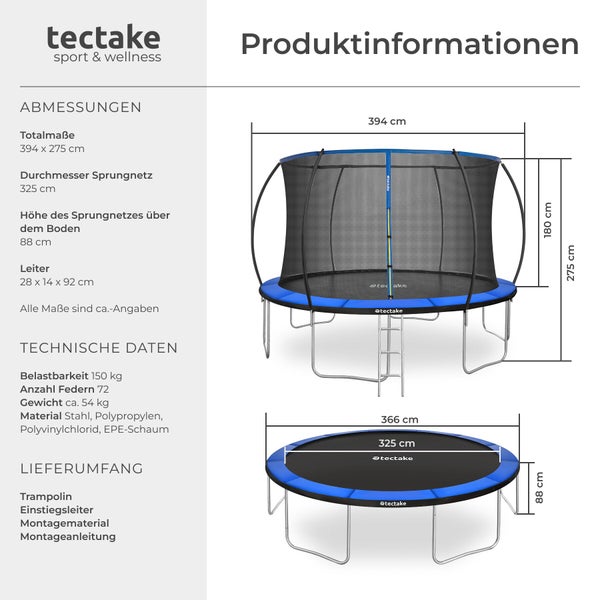 tectake Logo und Produktinformationen für ein Trampolin mit Maßen von 394 mal 275 Zentimetern, Belastbarkeit bis 150 Kilogramm und Lieferumfang.