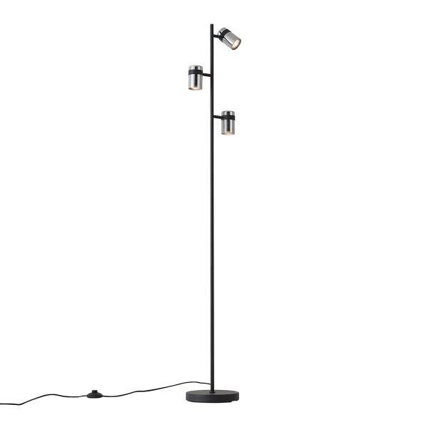 Dreiflammige Stehleuchte in Schwarz mit verstellbaren Spotlights aus Glas und Metall sowie Fußschalter.