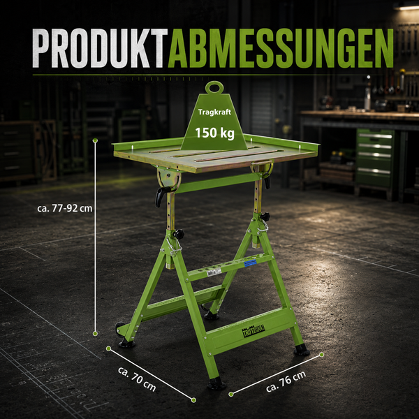 Trutzholm Werkbank Abmessungen: Höhe circa 77 bis 92 Zentimeter, Breite 76 Zentimeter, Tiefe 70 Zentimeter. Tragkraft 150 Kilogramm.