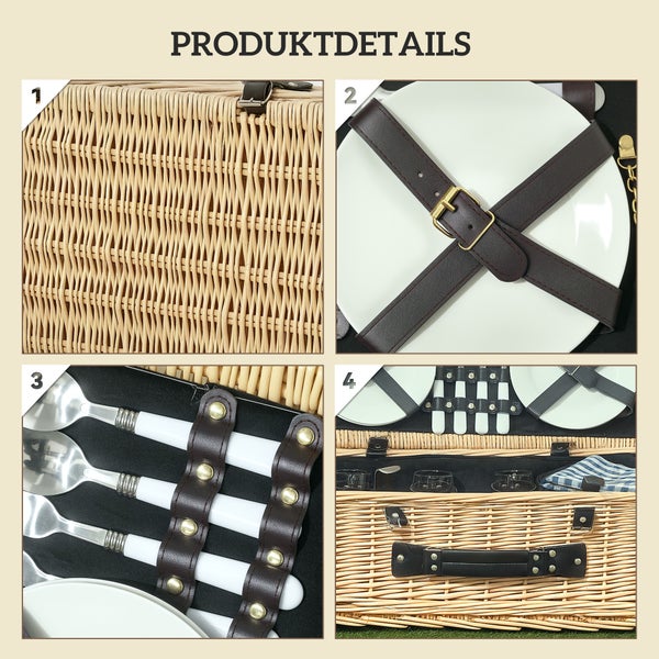 Outsunny Picknickkorb aus Weidenholz Picknickkoffer für 4 Personen mit Isoliert Kühlfach Picknickdecke Besteck Set, Picknick Set Komplettset für Camping Strand Weihnachten Naturholz