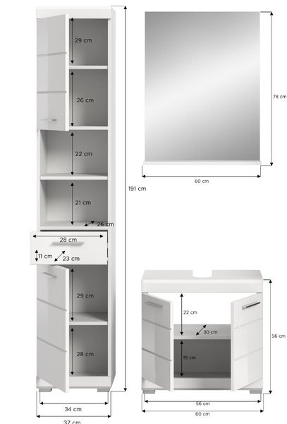 Badezimmermöbel-Set mit Maßen: weißer Hochschrank 191 Zentimeter, Waschtischunterschrank 56 Zentimeter und Spiegel 78 Zentimeter.