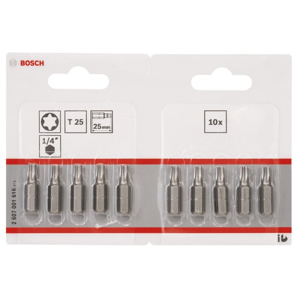 Bosch Logo. Zehn Torx Bits T 25, 25 mm lang, Aufnahme 1/4 Zoll in Verpackung.