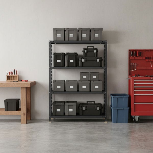 Organisierte Werkstatt mit schwarzem Metallregal, Aufbewahrungsboxen, Werkzeugkoffern, hölzerner Werkbank und einem roten Werkstattwagen.