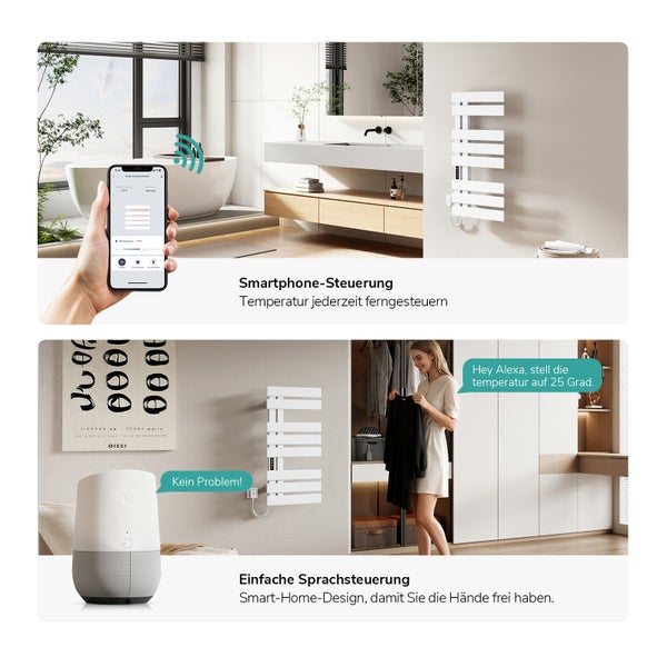 Smarter Handtuchheizkörper mit Smartphone-Steuerung per App und Sprachsteuerung über einen Smart Speaker in einem modernen Badezimmer.