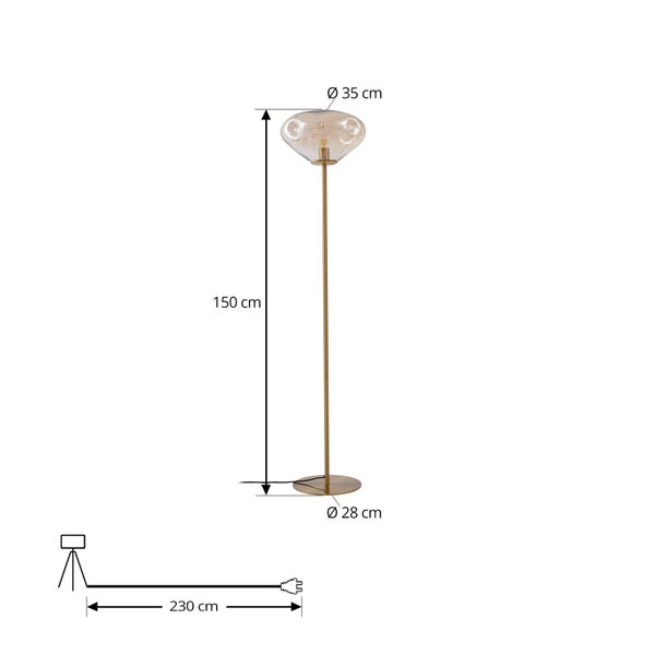 Illustration einer Stehlampe mit den Maßen 150 cm Höhe, 35 cm Durchmesser des Lampenschirms und 28 cm Durchmesser des Lampenfußes sowie einer Kabellänge von 230 cm.