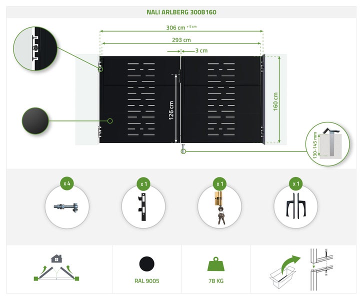Nali Arlberg 300B160 Gartentor mit Maßangaben und Detailansichten der Bauteile