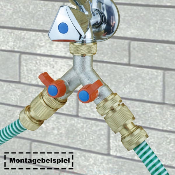 Zwei Wege Verteiler aus Messing für Wasserhahn mit zwei Gartenschläuchen in Montagebeispiel