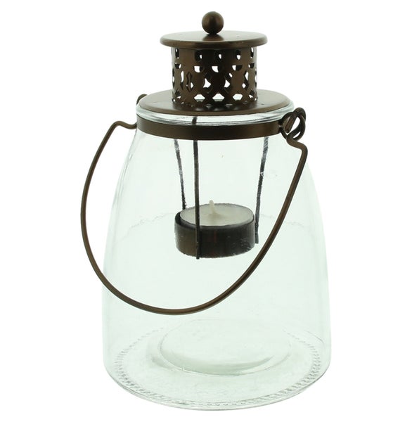 Dekorative Glaslaterne mit Metallgriff und Teelichthalter