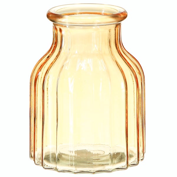 Glasvase mit Rillenstruktur, ausgestelltem Rand und breitem Boden.