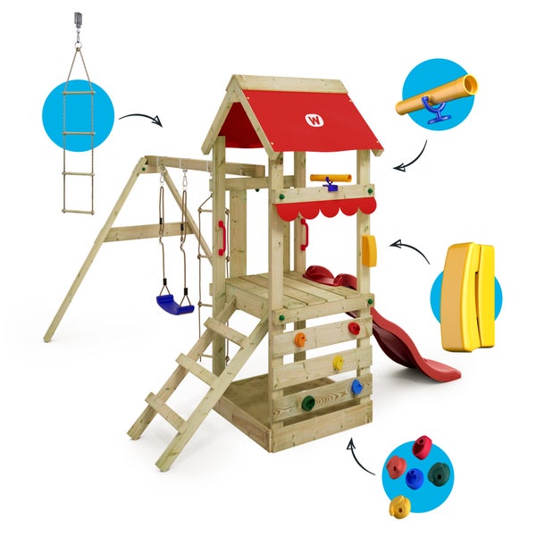 WICKEY Spielturm Klettergerüst FreshFlyer mit Schaukel und Rutsche, Kletterturm mit Sandkasten, Kletterleiter und Spiel-Zubehör - rot