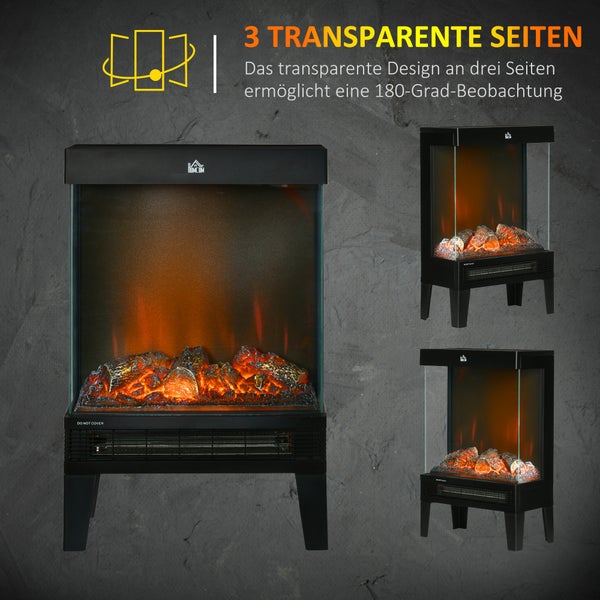 Elektrischer Kamin mit drei transparenten Seiten zur 180-Grad-Beobachtung