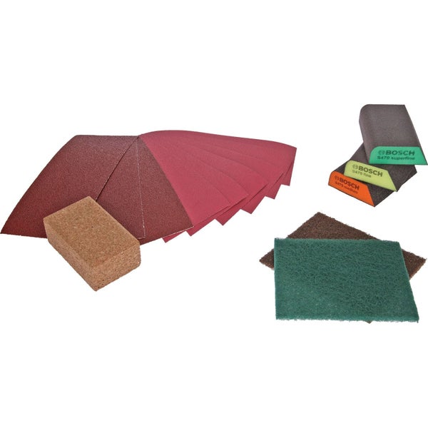 Bosch Schleifmittel-Set mit Schleifpapier, Kork-Schleifklotz, Schleifschwämmen und Schleifvlies.