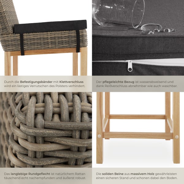 Rattan Barstuhl tectake Latina inklusive Sitzpolster, 45 x 62,5 x 99 cm mit Aluminiumgestell natur