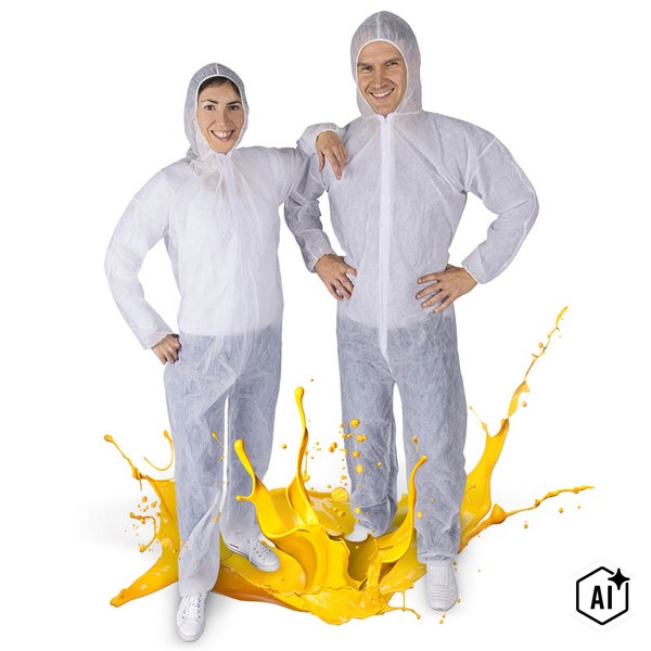 Mann mit Schutzanzug, Schutzbrille, Atemschutzmaske und Abbruchhammer. Auflistung der Produktvorteile.