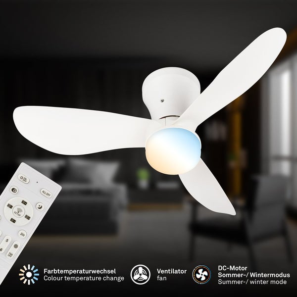 Weißer Deckenventilator mit drei Flügeln, integrierter LED-Leuchte, Farbtemperaturwechsel, Sommer- und Wintermodus sowie Fernbedienung.