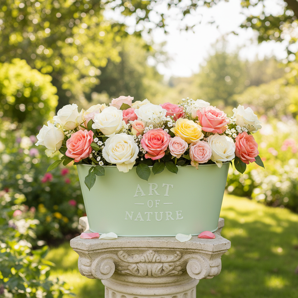 Blumenarrangement mit Rosen in einer Metallwanne mit der Aufschrift Art of Nature auf einer Steinsäule im Garten.