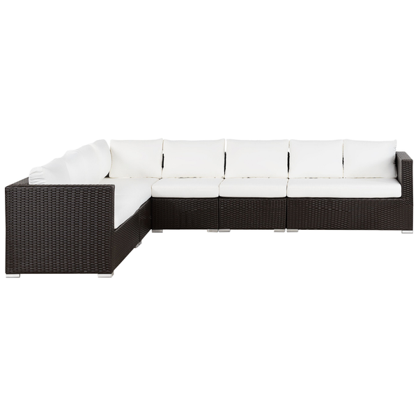 Ecklounge Set aus Kunststoffgeflecht mit Sitzkissen und Rueckenpolstern fuer den Gartenbereich
